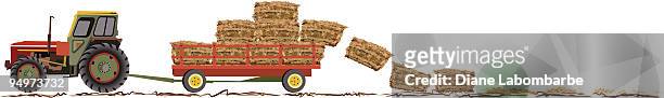 traktor herbst ernte horizontale grenze mit wagon und hay - heuballen stock-grafiken, -clipart, -cartoons und -symbole