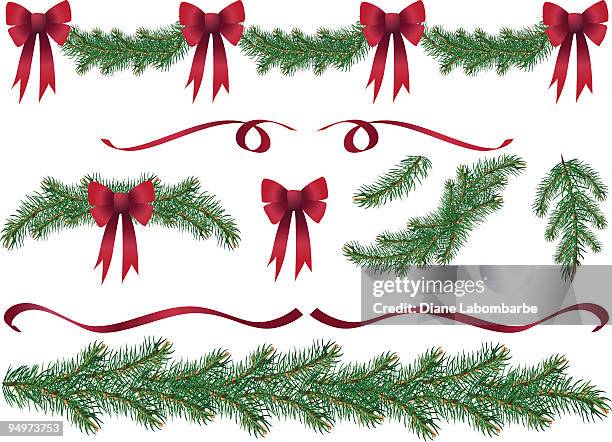 evergreen garland swags and design elements clipart with red bows - christmas garland clipart stock illustrations