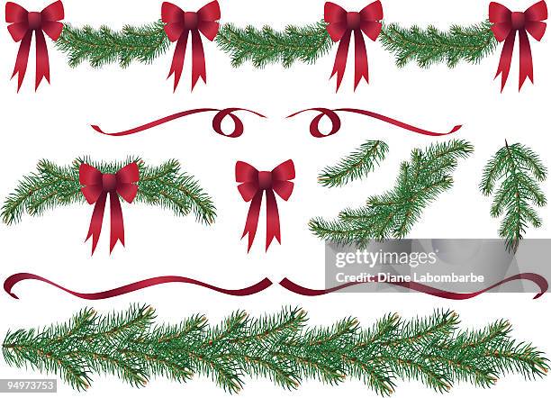 evergreen garland swags and design elements clipart with red bows - pine wood stock illustrations