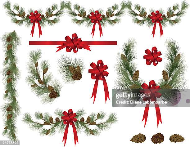 ilustraciones, imágenes clip art, dibujos animados e iconos de stock de holiday pine y elementos gráficos prediseñados con abeto rojo bows - guirnalda