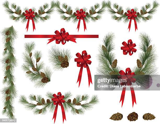 ilustraciones, imágenes clip art, dibujos animados e iconos de stock de holiday pine y elementos gráficos prediseñados con abeto rojo bows - lei