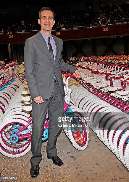 Eric Garcetti, Los Angeles City Council member 13th District, attends "Christmas In The City" Charity Toy Drive at LA Sports Arena on December 20,...