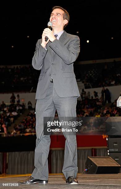 Eric Garcetti, Los Angeles City Council member 13th District, attends "Christmas In The City" Charity Toy Drive at LA Sports Arena on December 20,...
