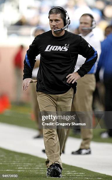 Head coach Jim Schwartz of the Detroit Lions looks on while playing the Arizona Cardinals on December 20, 2009 at Ford Field in Detroit, Michigan....