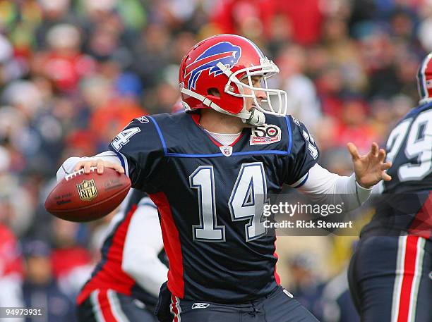 Ryan Fitzpatrick of the Buffalo Bills readies to pass against the New England Patriots at Ralph Wilson Stadium on December 20, 2009 in Orchard Park,...