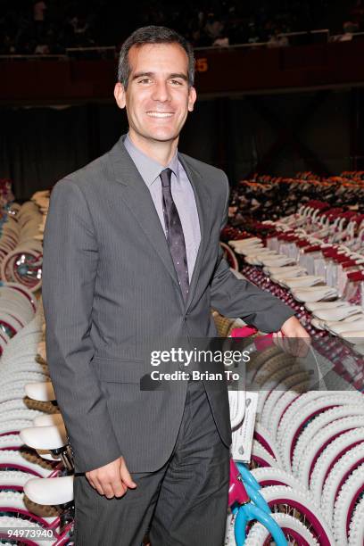 Eric Garcetti, Los Angeles City Council member 13th District, attends "Christmas In The City" Charity Toy Drive at LA Sports Arena on December 20,...