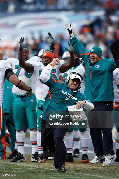 Head coach Tony Sparano of the Miami Dolphins celebrates after the game tying touchdown against the Tennessee Titans at LP Field on December 20, 2009...