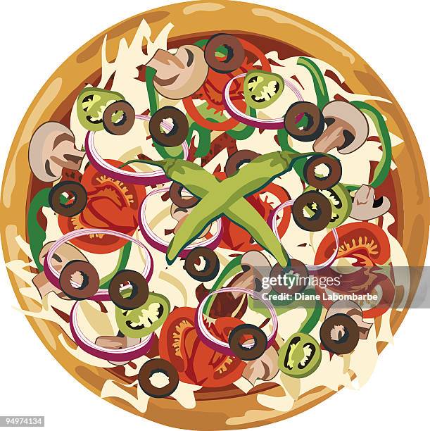 vegetarian pizza - red onion stock illustrations