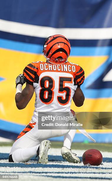Wide Receiver Chad Ochocinco of the Cincinnati Bengals scores a touchdown in the first half against the San Diego Chargers during the NFL game on...