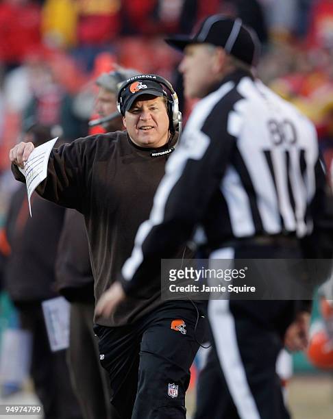 Head coach Eric Mangini of the Cleveland Browns appeals to a referee after a controversial call during the game against the Kansas City Chiefs on...
