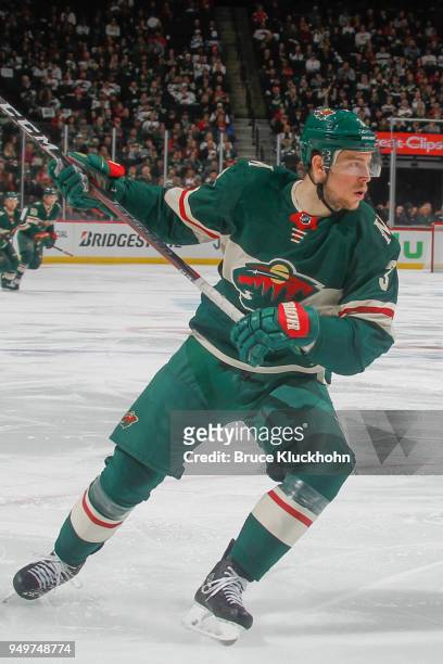 Charlie Coyle of the Minnesota Wild skates against the Winnipeg Jets in Game Three of the Western Conference First Round during the 2018 NHL Stanley...