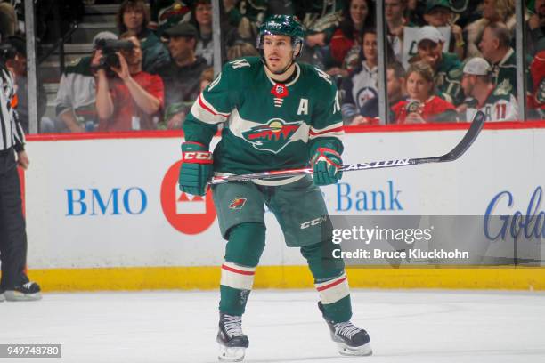 Zach Parise of the Minnesota Wild skates against the Winnipeg Jets in Game Three of the Western Conference First Round during the 2018 NHL Stanley...