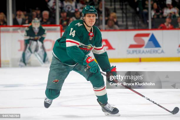 Joel Eriksson Ek of the Minnesota Wild skates against the Winnipeg Jets in Game Three of the Western Conference First Round during the 2018 NHL...
