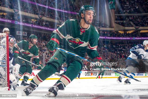 Jordan Greenway of the Minnesota Wild skates against the Winnipeg Jets in Game Three of the Western Conference First Round during the 2018 NHL...