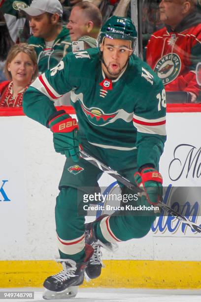 Jordan Greenway of the Minnesota Wild skates against the Winnipeg Jets in Game Three of the Western Conference First Round during the 2018 NHL...