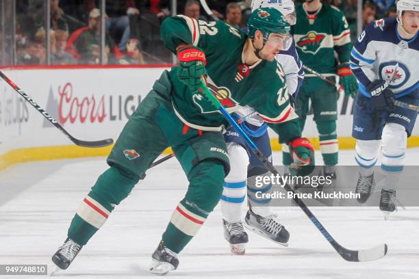 Nino Niederreiter of the Minnesota Wild skates against the Winnipeg Jets in Game Three of the Western Conference First Round during the 2018 NHL...