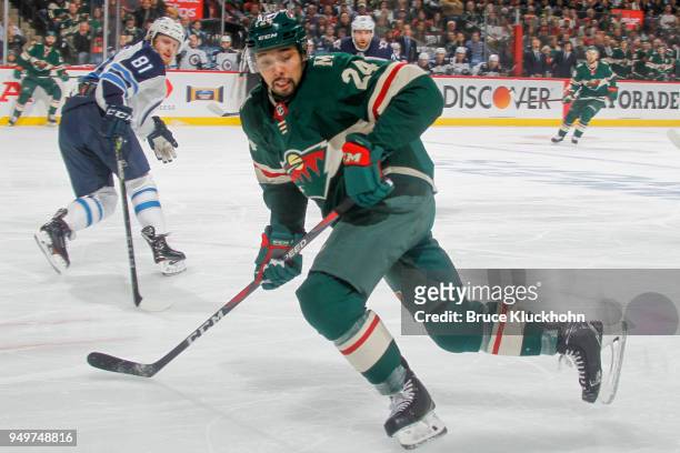 Matt Dumba of the Minnesota Wild skates against the Winnipeg Jets in Game Three of the Western Conference First Round during the 2018 NHL Stanley Cup...