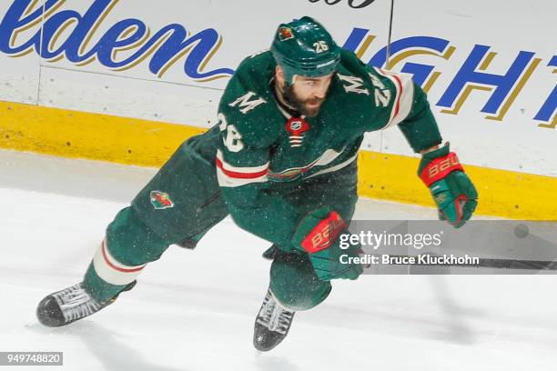Daniel Winnik of the Minnesota Wild skates against the Winnipeg Jets in Game Three of the Western Conference First Round during the 2018 NHL Stanley...