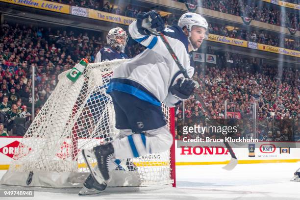 Josh Morrissey of the Winnipeg Jets skates against the Minnesota Wild in Game Three of the Western Conference First Round during the 2018 NHL Stanley...