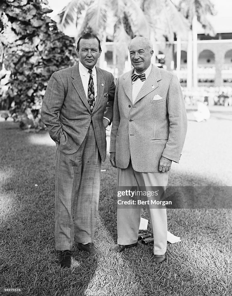 Bernard F Gimbel with Arnold Hanger, co-owner of the Keeneland Race Track, Hialeah, Florida, February, 1947. Gimbel was son of the department store chain founder Adam Gimbel and president of the company from 1925 to 1953 during whihc time sales grew from