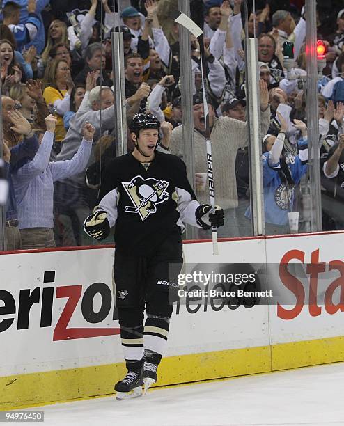 Jordan Staal of the Pittsburgh Penguins celebrates his shorthanded goal in the first period against the Philadelphia Flyers at the Mellon Arena on...
