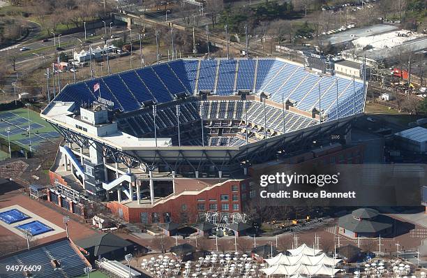 An aerial view of the Arthur Ashe Stadium at the U.S. Tennis Center photographed on Decmber 15, 2009 in Flushing Meadows, New York.