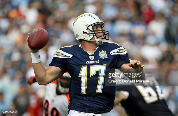 Quarterback Philip Rivers of the San Diego Chargers throws the ball against the Cincinnati Bengals during the NFL game on December 20, 2009 at...