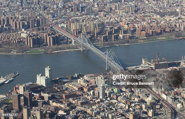 An aerial view of the Williamsburgh Bridge photographed on December 15, 2009 in New York, New York.