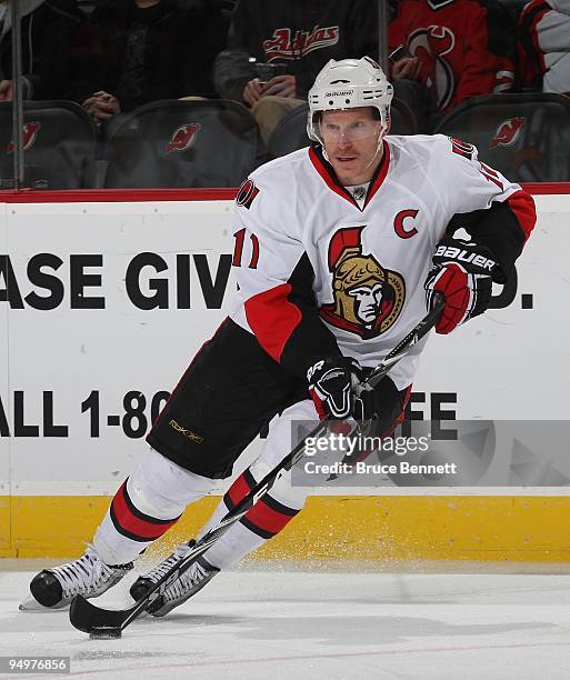 Daniel Alfredsson of the Ottawa Senators skates against the New Jersey Devils at the Prudential Center on December 18, 2009 in Newark, New Jersey.