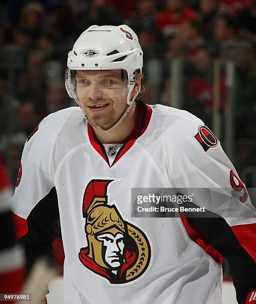 Milan Michalek of the Ottawa Senators skates against the New Jersey Devils at the Prudential Center on December 18, 2009 in Newark, New Jersey.