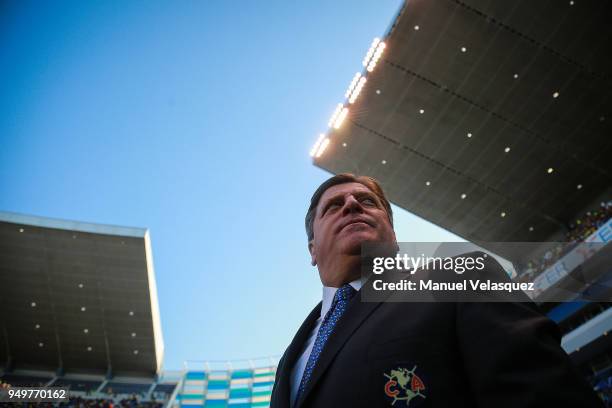 Miguel Herrera Coach of America looks on during the 16th round match between Puebla and America as part of the Torneo Clausura 2018 Liga MX at...