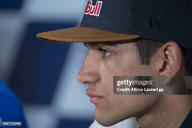 Aron Canet of Spain and Estrella Galicia 0,0 Honda looks on during the press conference during the MotoGp Red Bull U.S. Grand Prix of The Americas -...