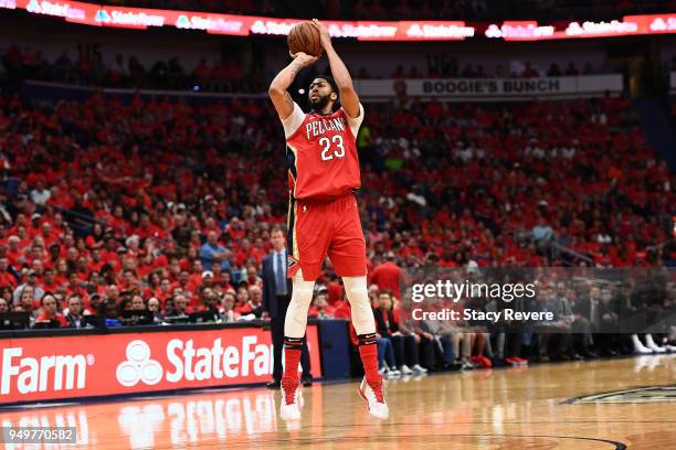 Anthony Davis of the New Orleans Pelicans takes a three point shot against the Portland Trail Blazers during the second half of Game Four of the...