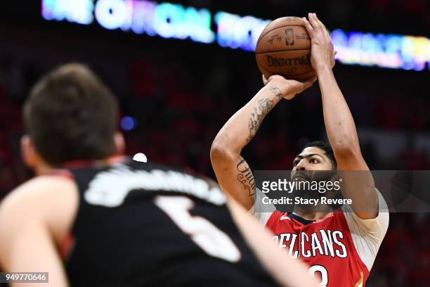 Anthony Davis of the New Orleans Pelicans shoots a free throw against the Portland Trail Blazers during the second half of Game Four of the first...