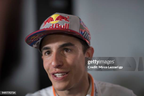 Marc Marquez of Spain and Repsol Honda Team smiles during the press conference during the MotoGp Red Bull U.S. Grand Prix of The Americas -...