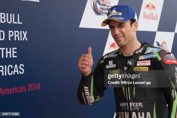 Johann Zarco of France and Monster Yamaha Tech 3 celebrates the Indipendent Team pole position at the end of the qualifying practice during the...
