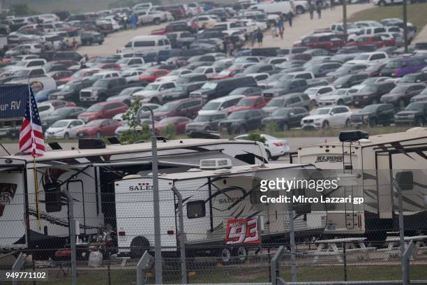 The cars parking in the car park on the hill during the MotoGp Red Bull U.S. Grand Prix of The Americas - Qualifying at Circuit of The Americas on...