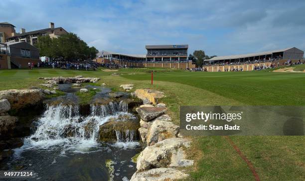 Course scenic view of the 18th hole during the third round of the Valero Texas Open at TPC San Antonio - AT&T Oaks course on April 21, 2018 in San...