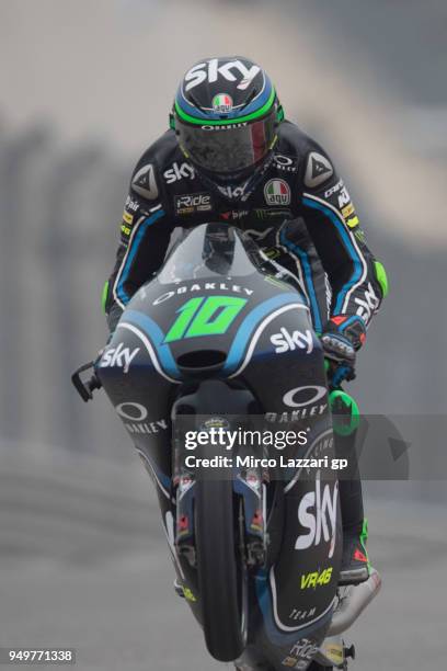 Dennis Foggia of Italy and Sky Racing Team VR46 KTM lifts the front wheel during the Moto3 qualifying practice during the MotoGp Red Bull U.S. Grand...