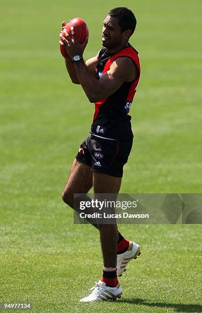 Nathan Lovett-Murray of the Bombers marks the ball during an Essendon Bombers AFL training session at Windy Hill on December 21, 2009 in Melbourne,...