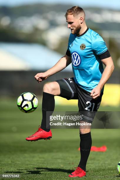 Hamish Watson of Team Wellington warms up during leg one of the OFC Champions League 2018 Semi-finals series between Team Wellington and Auckland...