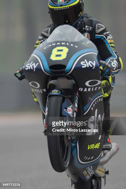 Niccolo Bulega of Italy and Sky Racing Team VR46 KTM lifts the front wheel during the Moto3 qualifying practice during the MotoGp Red Bull U.S. Grand...