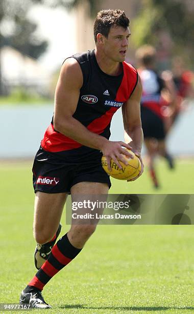 David Hille of the Bombers runs the ball during an Essendon Bombers AFL training session at Windy Hill on December 21, 2009 in Melbourne, Australia.