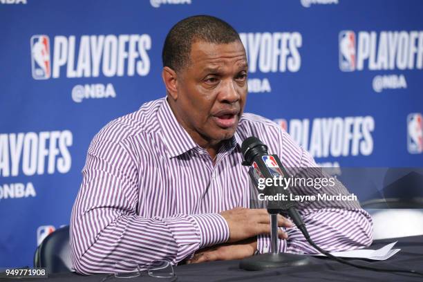 Head Coach Alvin Gentry of the New Orleans Pelicans speaks during the post-game press conference after Game Four of Round One against the Portland...