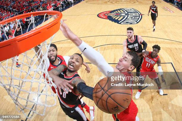 Damian Lillard of the Portland Trail Blazers goes to the basket against the New Orleans Pelicans in Game Four of Round One of the 2018 NBA Playoffs...