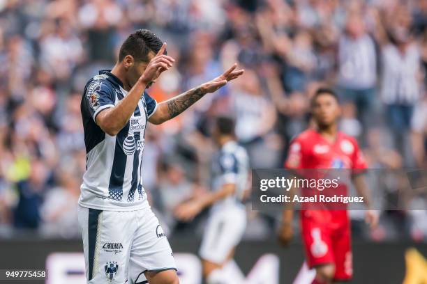 Celso Ortiz of Monterrey celebrates after scoring his team´s first goal during the 16th round match between Monterrey and Lobos BUAP as part of the...