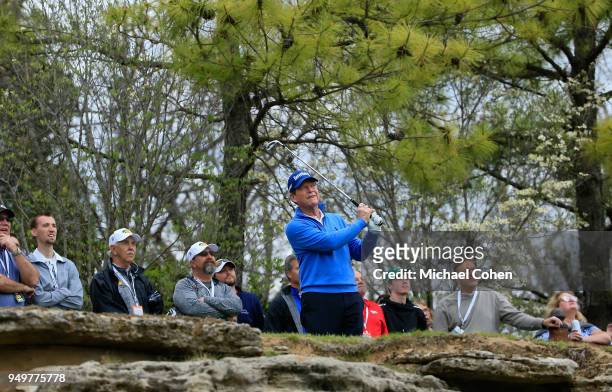 Tom Watson hits his tee shot on the 14th hole during the third round of the PGA TOUR Champions Bass Pro Shops Legends of Golf at Big Cedar Lodge held...