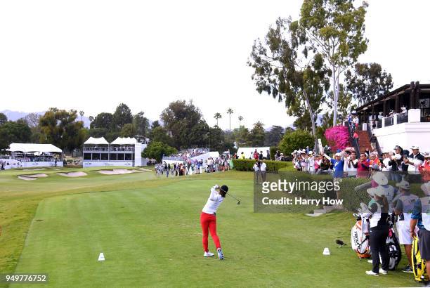Jin Young Ko of South Korea hits a tee shot on the 18th hole during round three of the Hugel-JTBC Championship at the Wilshire Country Club on April...