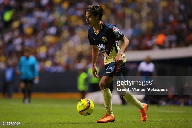 Diego Lainez of America controls the ball during the 16th round match between Puebla and America as part of the Torneo Clausura 2018 Liga MX at...