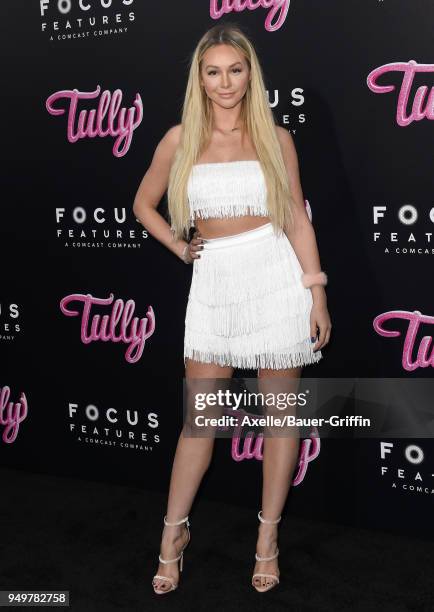 Personality Corinne Olympios arrives at the Los Angeles premiere of Focus Features' 'Tully' at Regal LA Live Stadium 14 on April 18, 2018 in Los...